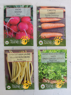 Quatre sachets de graines de légumes colorés mettant en vedette la Collection Enracinée de Tourne-Sol, des carottes, du Haricot Nain Jaune Rocdor et de la laitue frisée de chêne vert présentés sur une surface.