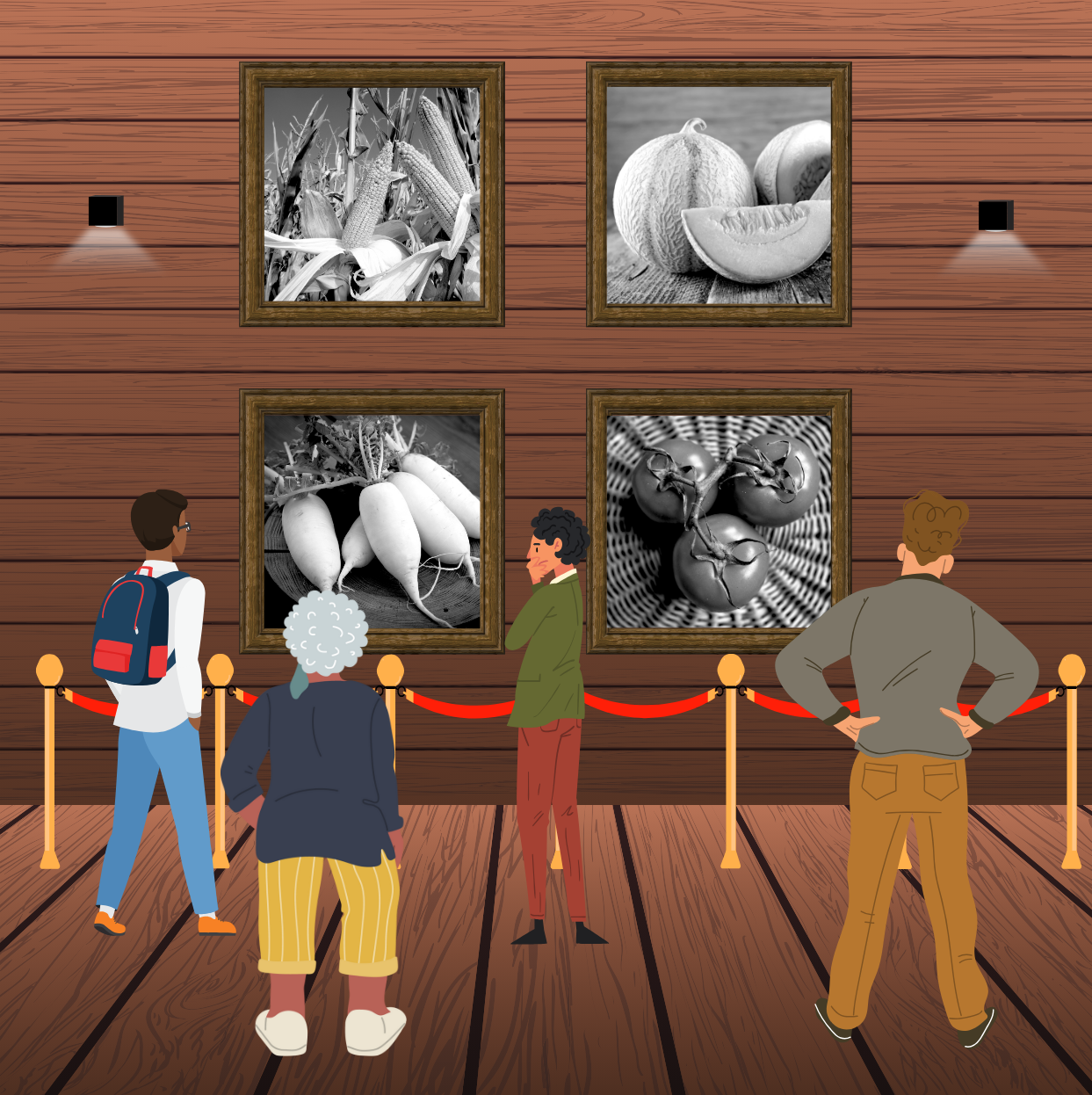 Un groupe de personnes admire quatre photographies de légumes en noir et blanc encadrées, exposées sur un mur en bois dans une galerie d'art. Les photos mettent en vedette le Melon Oka, la Carotte Rouge Chantenay, les radis et la Tomate Andine Cornue de la Collection Du patrimoine 67,35$ de Tourne-Sol. Des cordes de velours rouge et de petites lampes rehaussent le décor de la galerie.