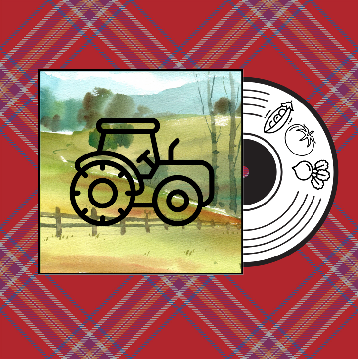 Illustration numérique d&#39;un tracteur sur un paysage rural avec des champs et des arbres. La scène est encadrée, posée sur un fond tartan rouge. À droite se trouve le disque vinyle de la Collection Grands classiques du potager de Tourne-Sol - 44,90$ avec des dessins de produits de la ferme comme la Carotte Scarlet Nantes, l&#39;Aubergine Black Beauty et la Tomate Rouge Cerise Peacevine sur l&#39;étiquette.