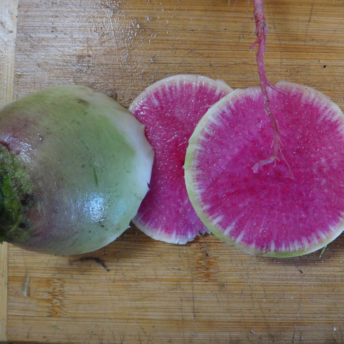 Un Radis Melon d&#39;Eau rond et piquant de Tourne-Sol sur une planche à découper.